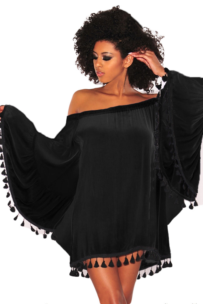 BY220318-2 Black Off Shoulder Black Tassel Trim Dress